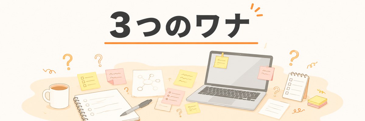 ブログが続かない人に共通する3つのワナを示すフラットイラスト
