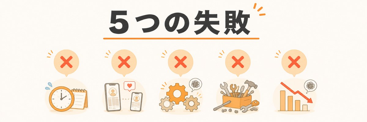ブログを続けるためのよくある失敗5パターンを示す注意喚起イラスト